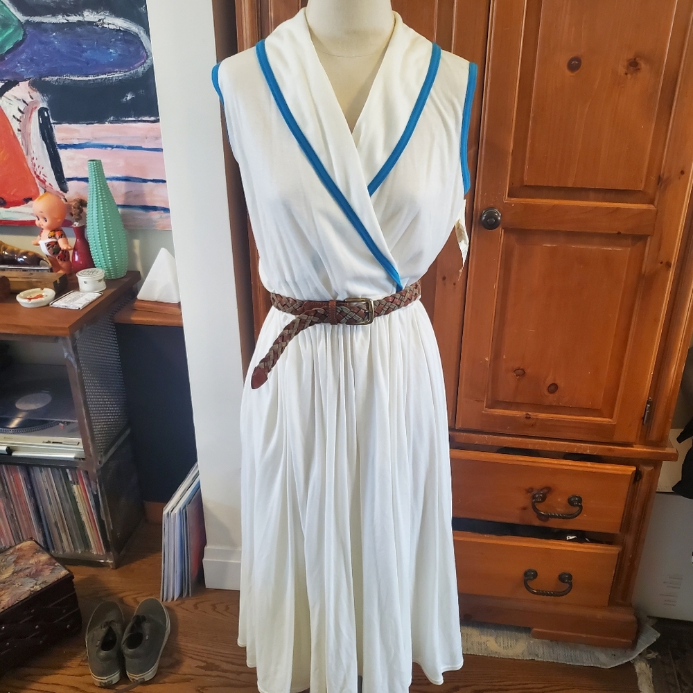 American Apparel Style Vintage Canada Summer Tennis Dress Blue White 80s